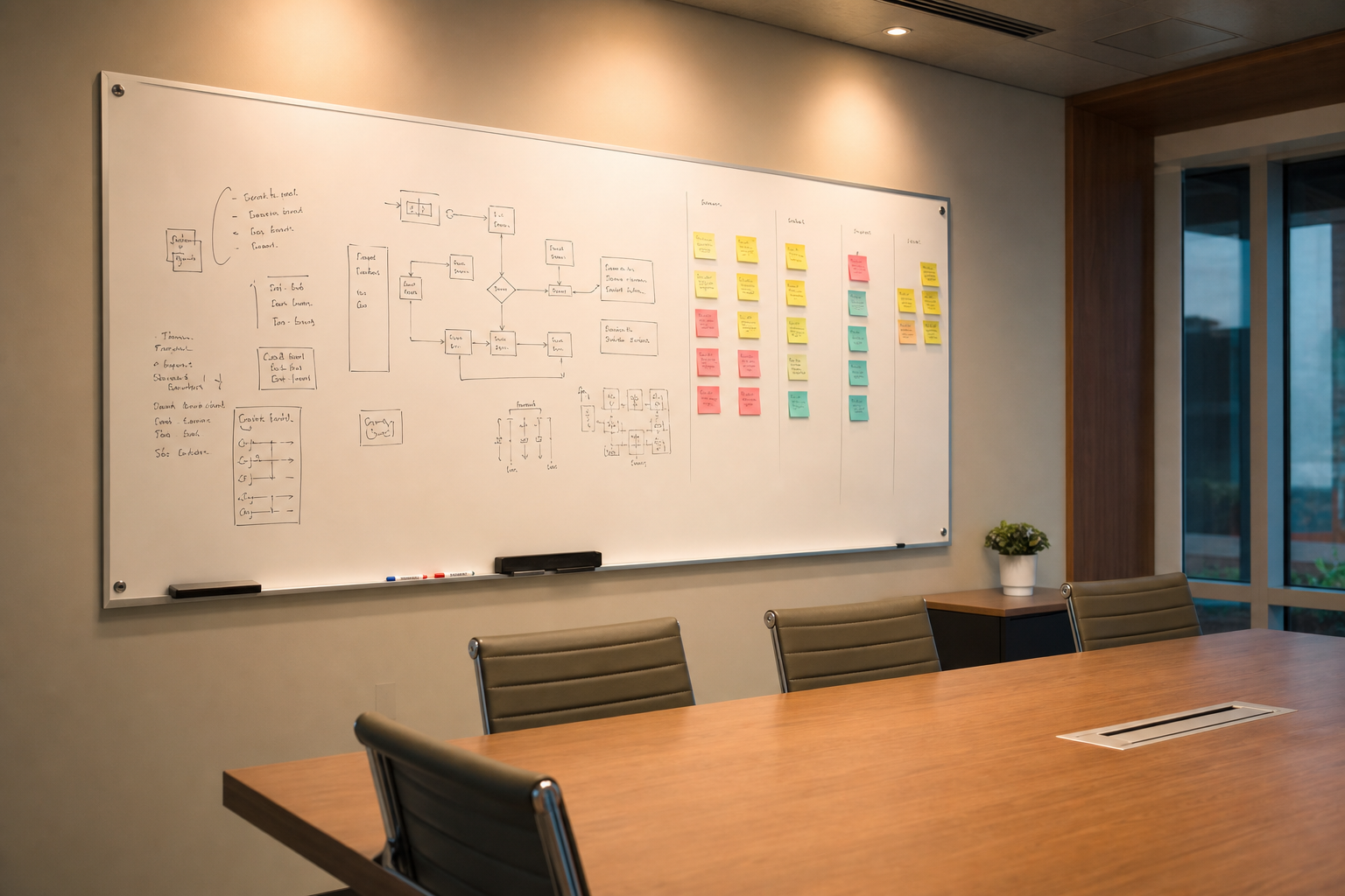Office whiteboard with documented process flows for AI agent readiness