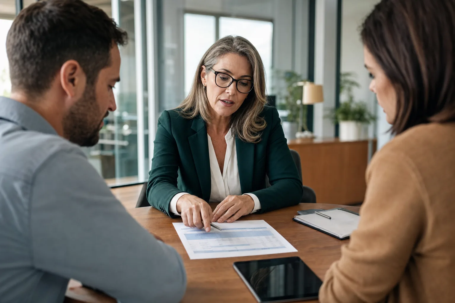 AI consultant explaining a cost breakdown to business owners in a conference room