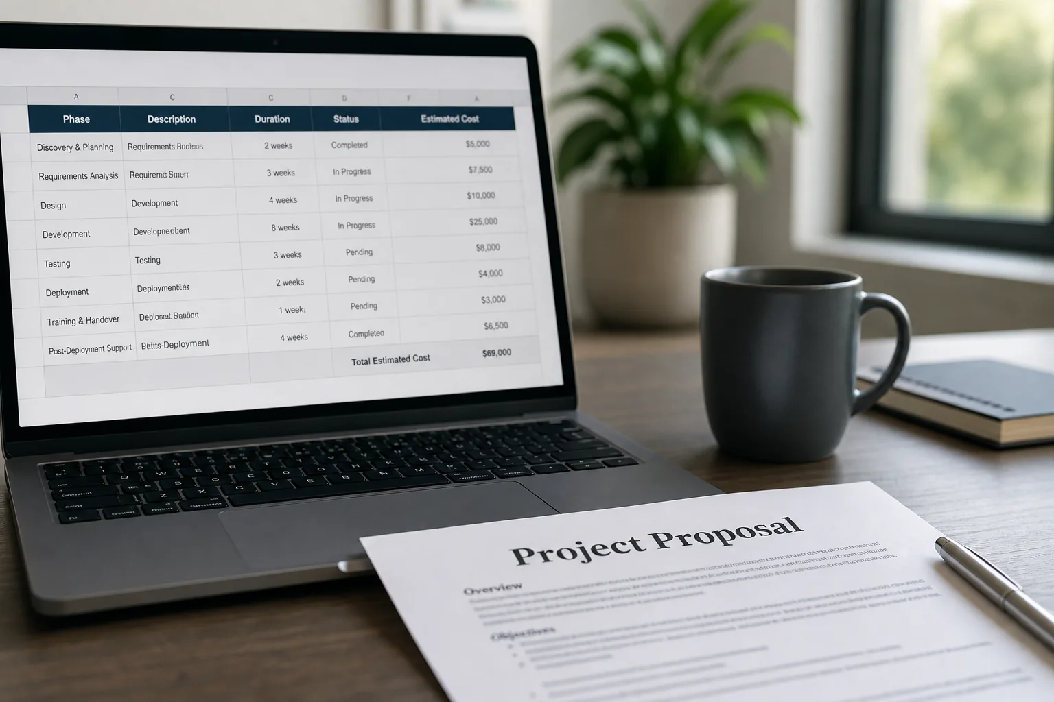 AI consulting proposal and project cost spreadsheet on a business desk