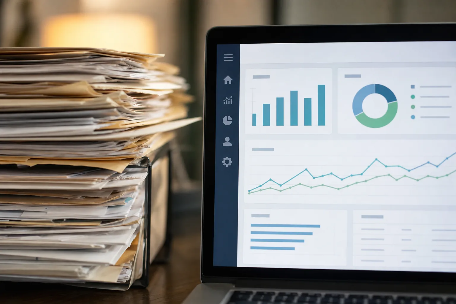 Messy paper files beside a clean digital dashboard showing the data readiness gap