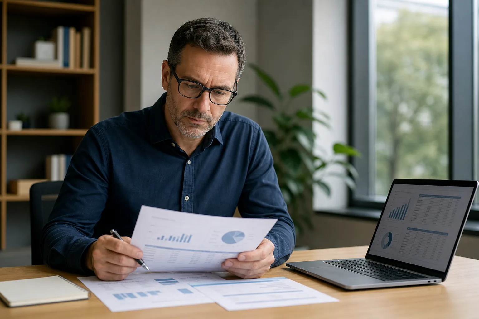 Professional reviewing AI workflow ROI documents and dashboard charts