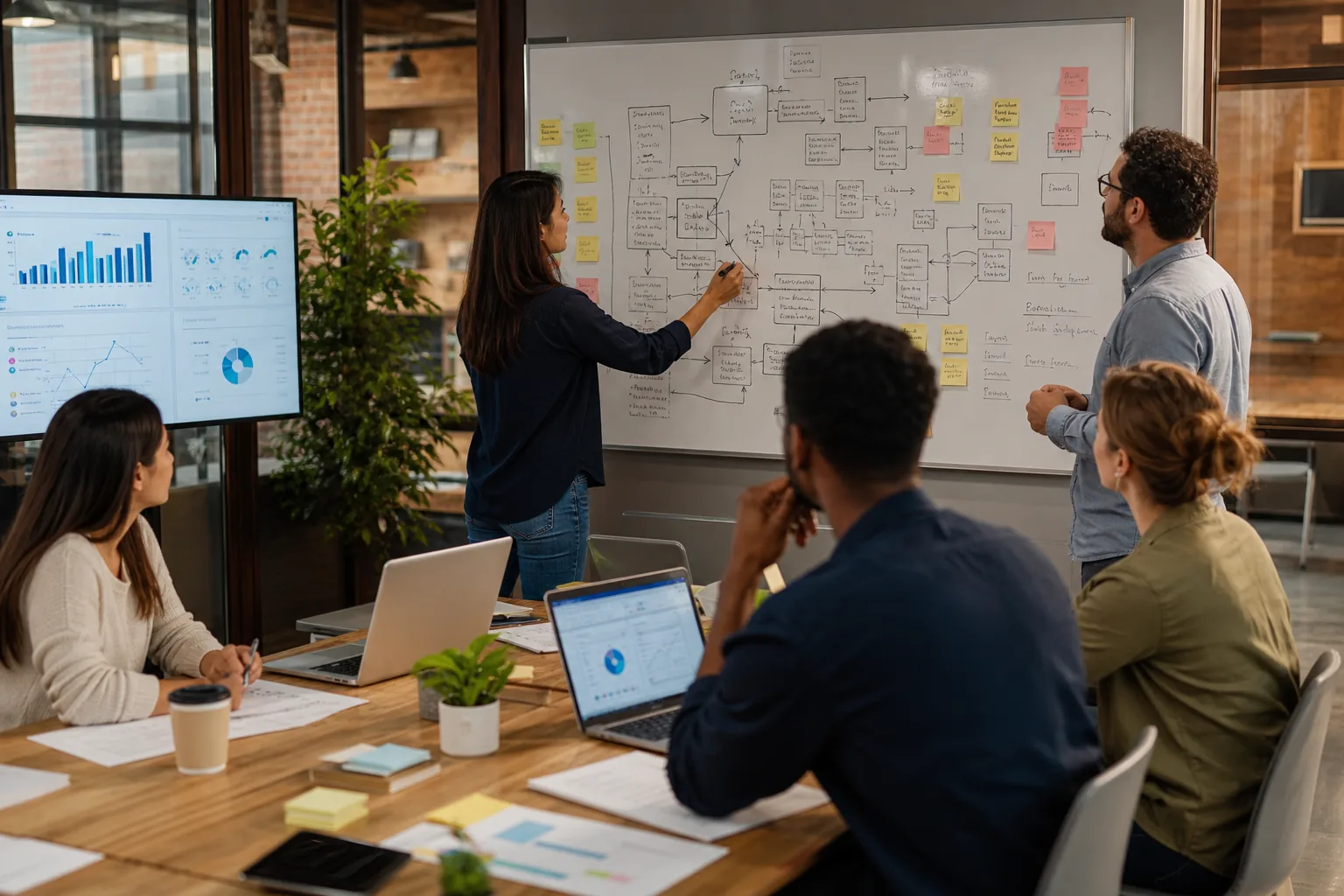 Team mapping an AI implementation process on a whiteboard with workflow notes