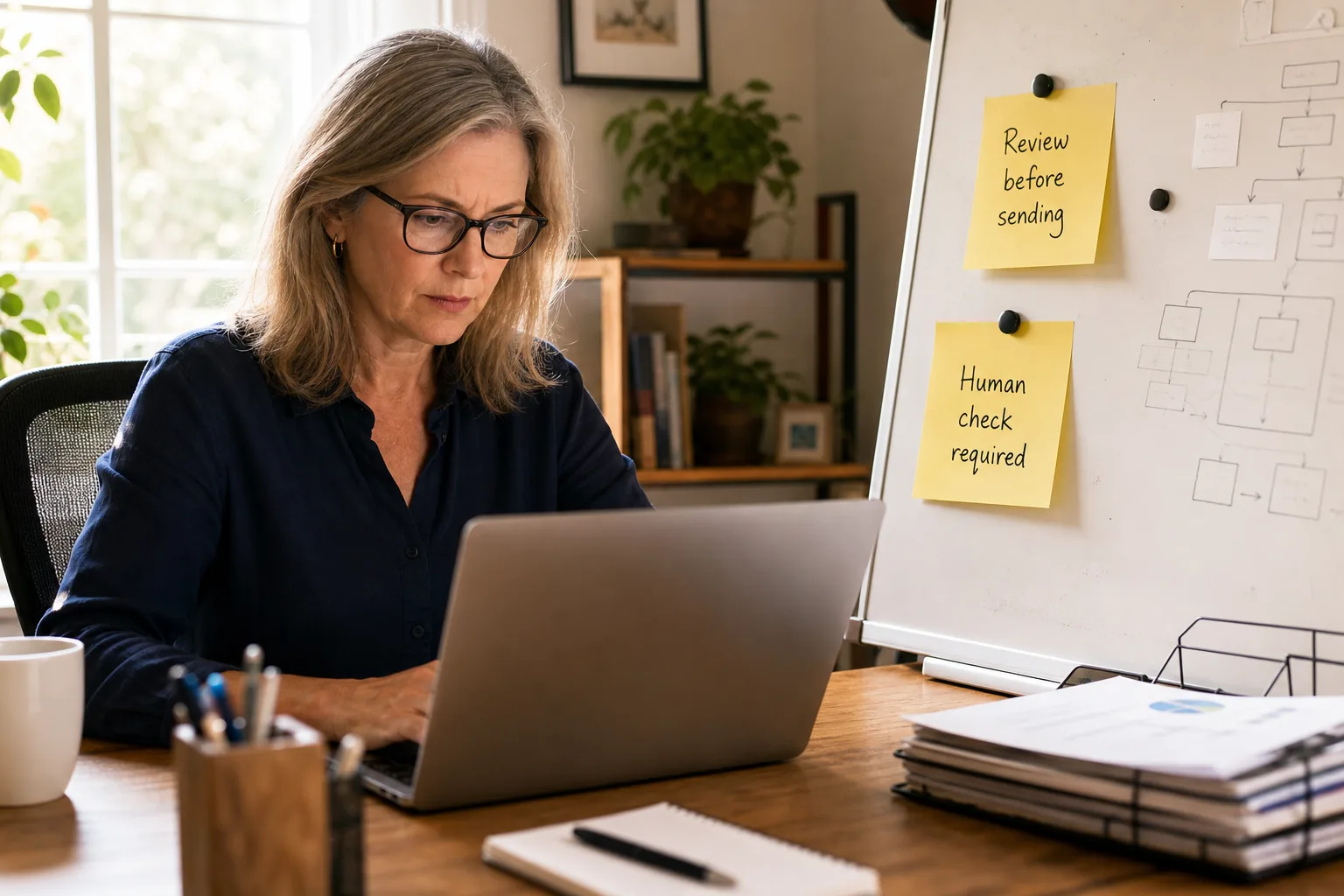 Small business owner reviewing AI outputs with human review reminders nearby