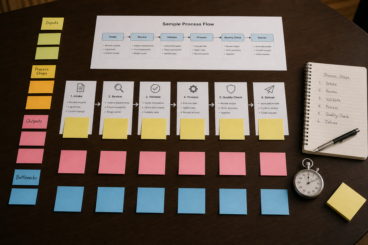 Physical process flow laid out on a conference table for planning a first AI agent