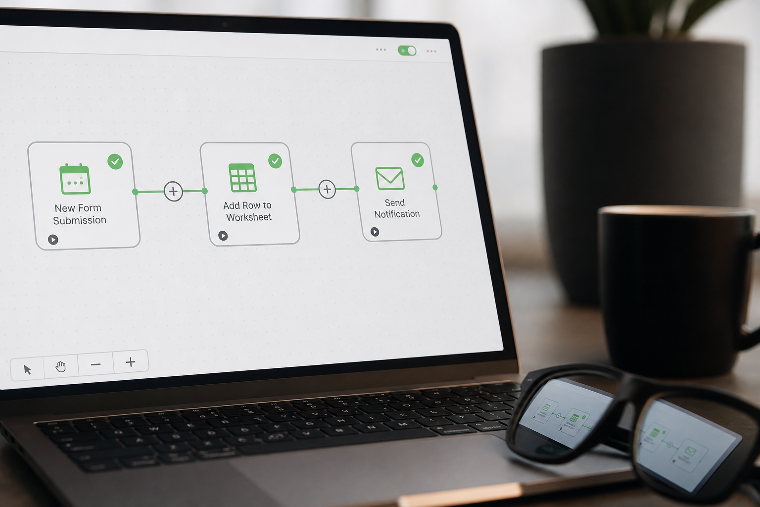 Workflow automation canvas with three connected steps for a first AI agent build