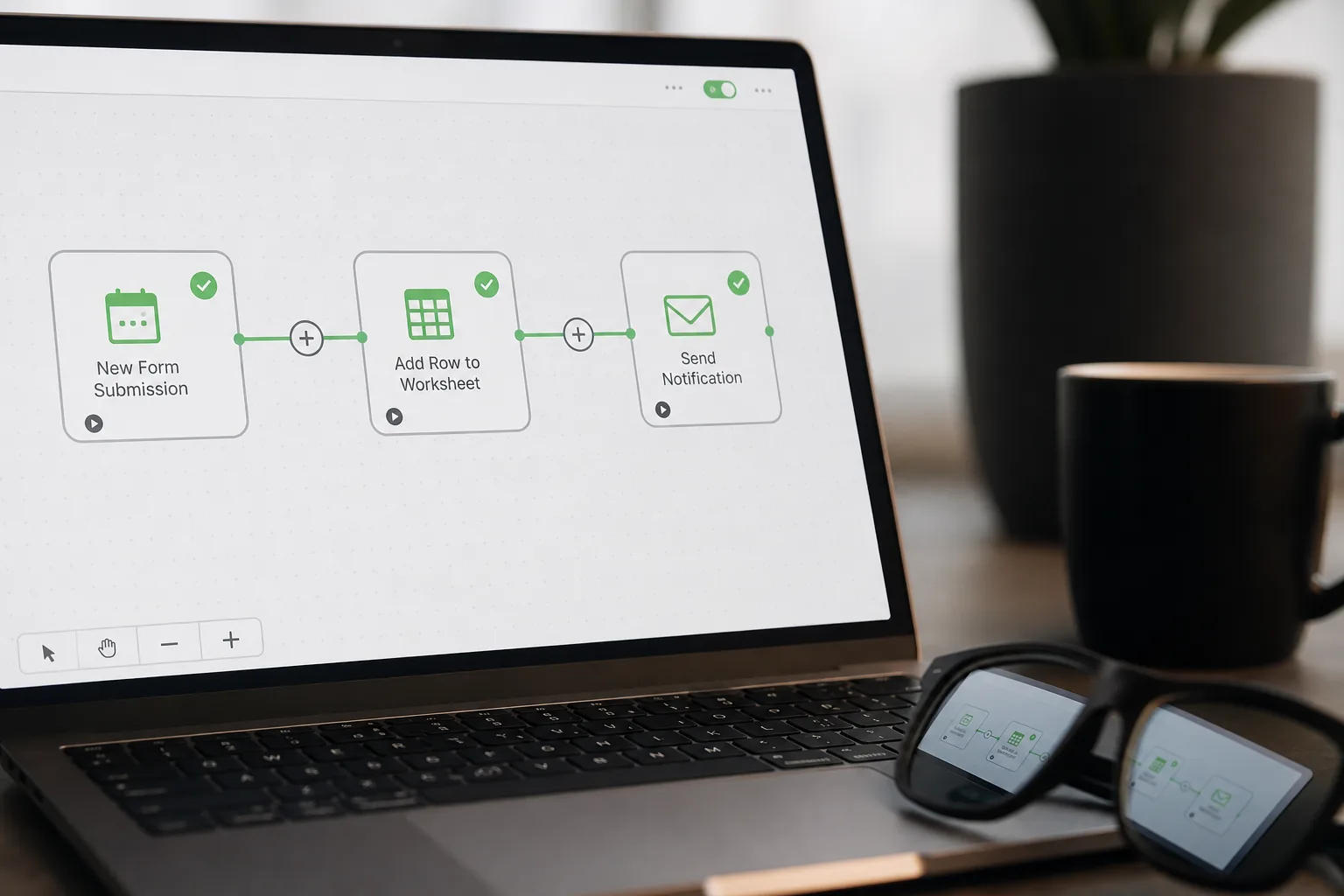 Workflow automation canvas with three connected steps for a first AI agent build