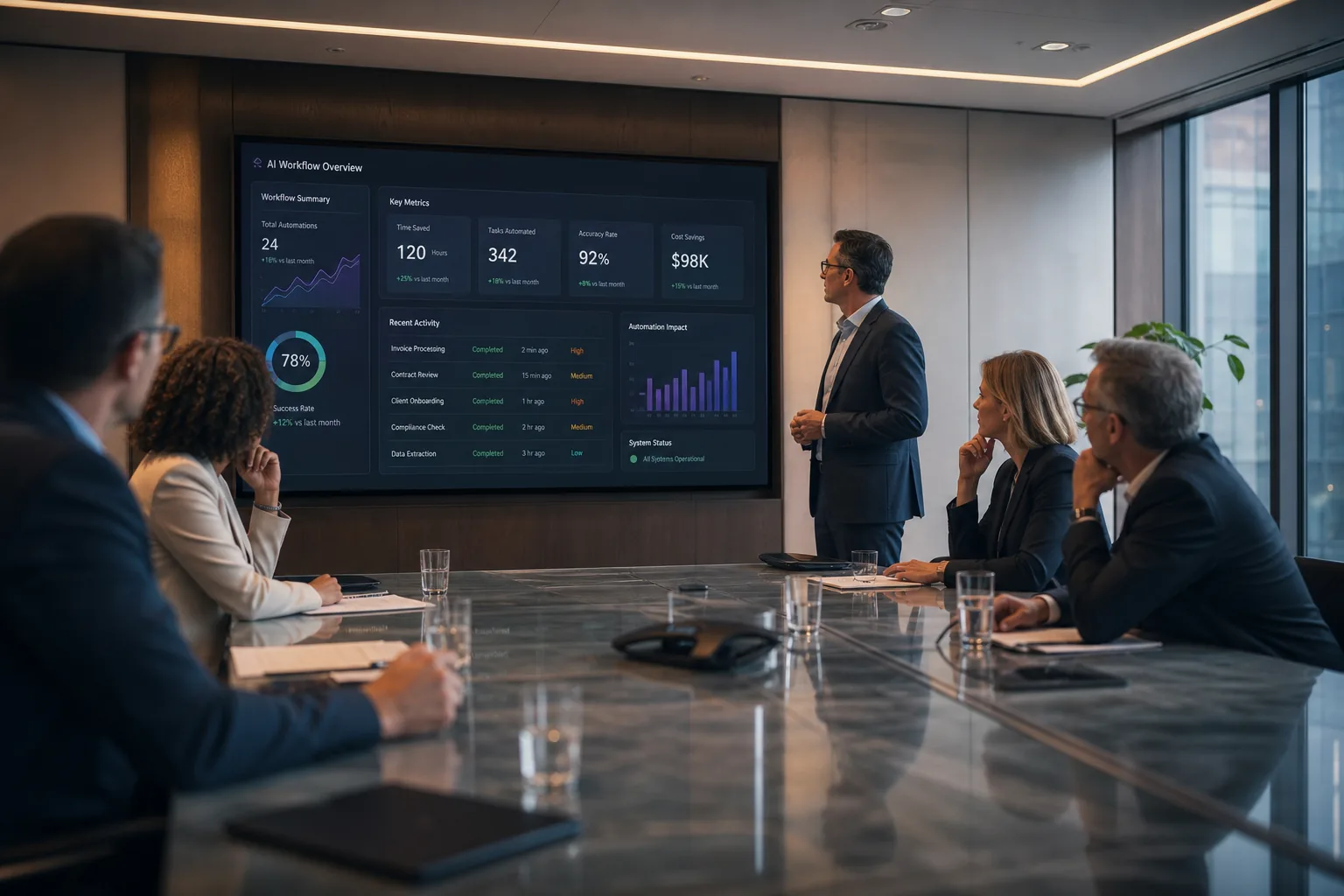 Executives watching a polished AI pilot demo in a corporate conference room